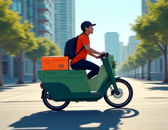Electric cargo bike delivering parcels in an Indiana urban micro-distribution zone