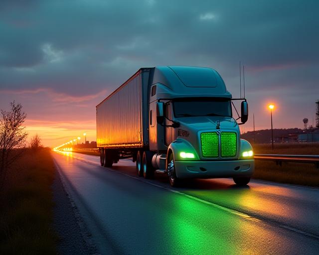 Electric freight truck on Midwest intermodal green corridor at dusk